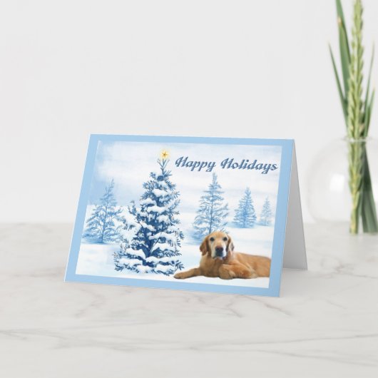 Golden Retriever Christmas Kaart Blue Tree2 (Voorkant)