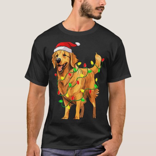 Golden Retriever Christmas Santa Hat Tree Lights P T-shirt (Voorkant)