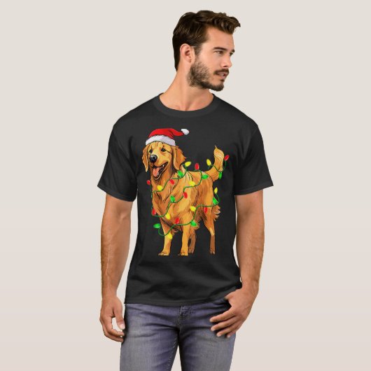 Golden Retriever Christmas Santa Hat Tree Lights P T-shirt (Voorkant volledig)