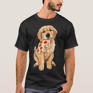 Golden Retriever die pizzakpuppy eet met een plak T-shirt