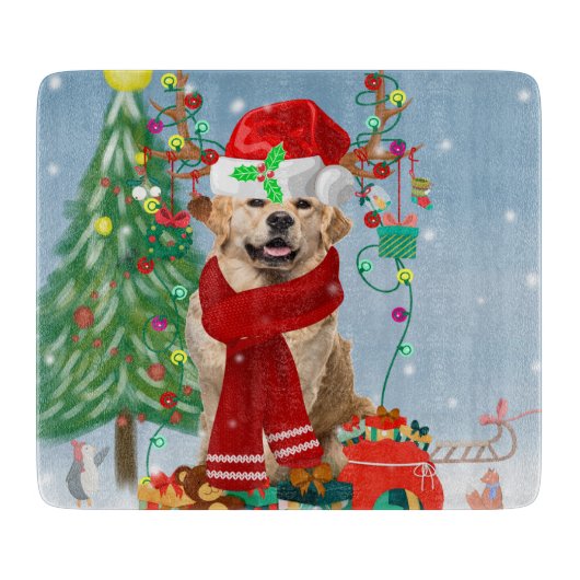 Golden Retriever Dog in sneeuw met kerstcadeaus Snijplank (Voorkant)