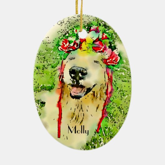 Golden Retriever Dog met bloeiende Waterverf Keramisch Ornament (Achterkant)
