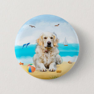 Golden Retriever Dog op strand Ronde Button 5,7 Cm