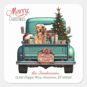 Golden Retriever Dog Retro Truck Kerst Plein Vierkante Sticker