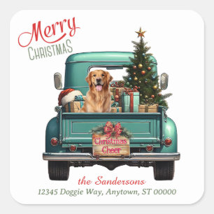 Golden Retriever Dog Retro Truck Kerstmis Vierkante Sticker