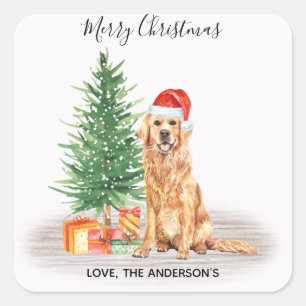 Golden Retriever Dog Santa Tree kerst Vierkante Sticker