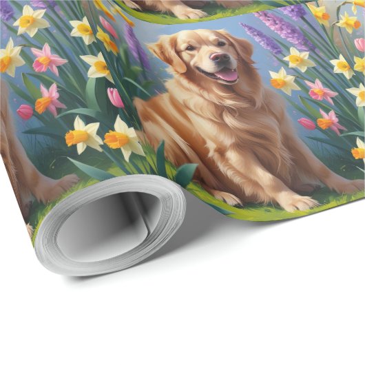 Golden Retriever Dog Spring Bloemen Schilderij Cadeaupapier (Rol Hoek)