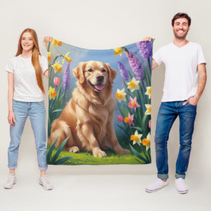 Golden Retriever Dog Spring Bloemen Schilderij Fleece Deken