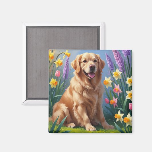 Golden Retriever Dog Spring Bloemen Schilderij Magneet (Voorkant / Achterkant)