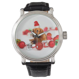 Golden Retriever Dog W Red Santa Hat Kerstmis Horloge
