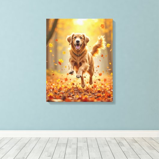 Golden Retriever draait in de herfst Bossen Canvas Afdruk (Insitu (Houten vloer))
