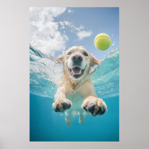 Golden Retriever Duiken Tennisbal onder water Poster