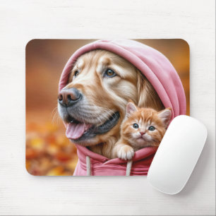 Golden Retriever en kitten in roze hoodie Muismat