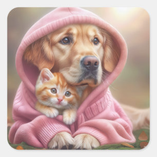 Golden Retriever en kitten in roze hoodie Vierkante Sticker