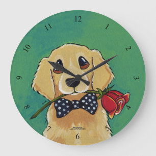 Golden retriever et horloge murale rose