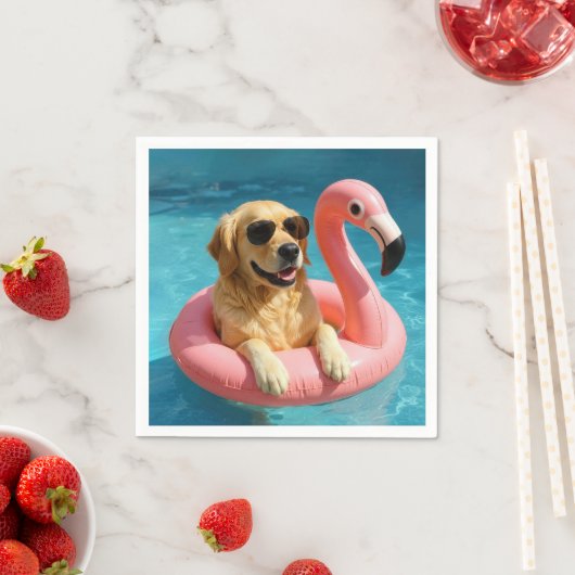 Golden Retriever Floating On a Flamingo Pool Toy Servet (Insitu)