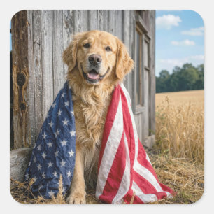 Golden Retriever Gedrapeerd in een Amerikaanse Vla Vierkante Sticker