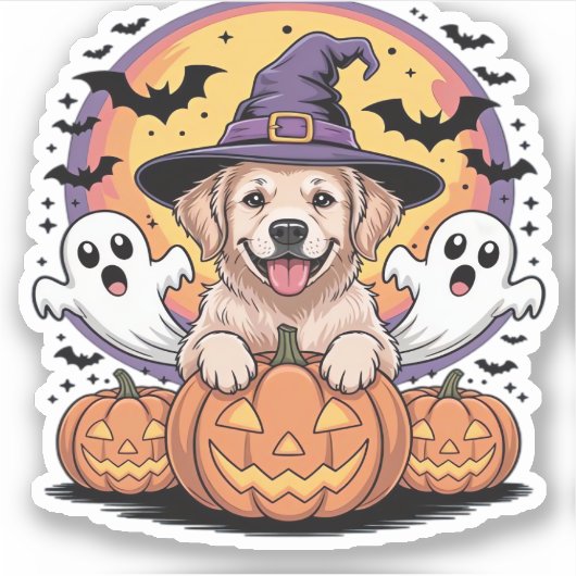 Golden Retriever Halloween Witch Dog Classic T-Shi Sticker (Voorkant)