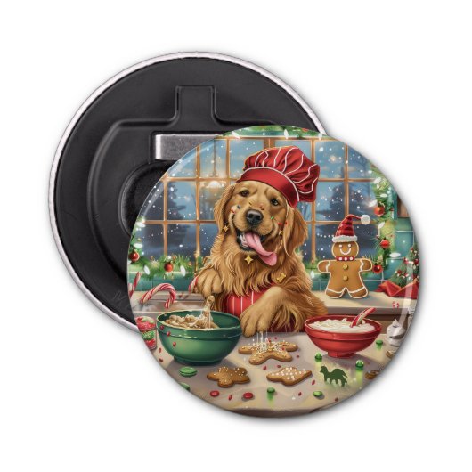 Golden Retriever Holiday Baking: Feestelijke Kerst Button Flesopener (Voorkant)