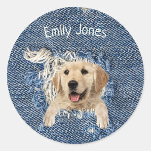 Golden Retriever hond in blauw denimgat Ronde Sticker