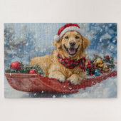 Golden Retriever Hond in Sledge Sneeuwkerst Legpuzzel (Horizontaal)