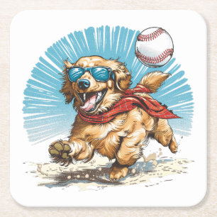 Golden Retriever Hond Spelen Honkbal Vierkante Kartonnen Onderzetter