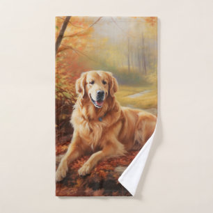 Golden Retriever in Autumn Leaves Herfst Inspire Bad Handdoek