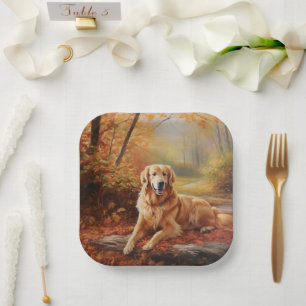 Golden Retriever in Autumn Leaves Herfst Inspire Papieren Bordje