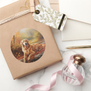 Golden Retriever in Autumn Leaves Herfst Inspire Ronde Sticker