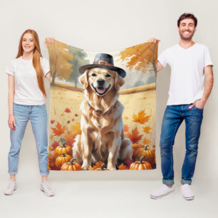 Golden Retriever in Autumn verlaat Thanksgiving Fleece Deken
