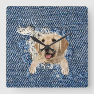 Golden Retriever in Blue Jean Hole Vierkante Klok