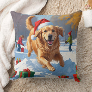 Golden Retriever in de sneeuw met kerstmuts Kussen