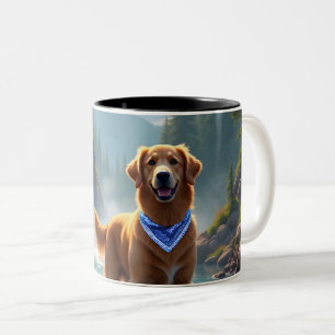 Golden Retriever in een Fantasy Rainbow River Tweekleurige Koffiemok