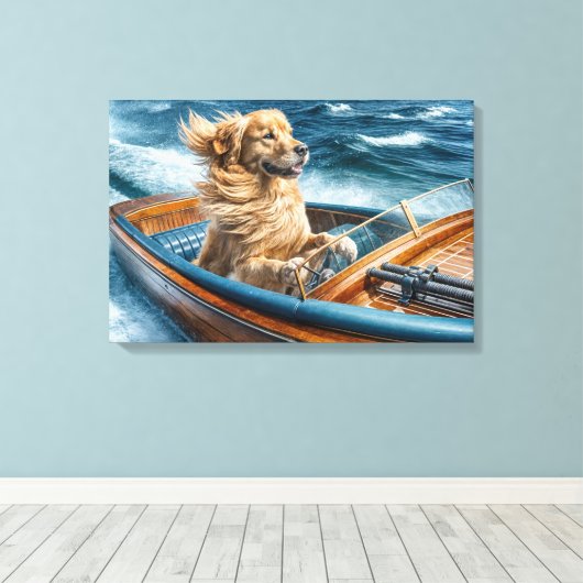 Golden Retriever in een  houten motorboot Canvas Afdruk (Insitu (Houten vloer))