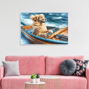 Golden Retriever in een  houten motorboot Canvas Afdruk