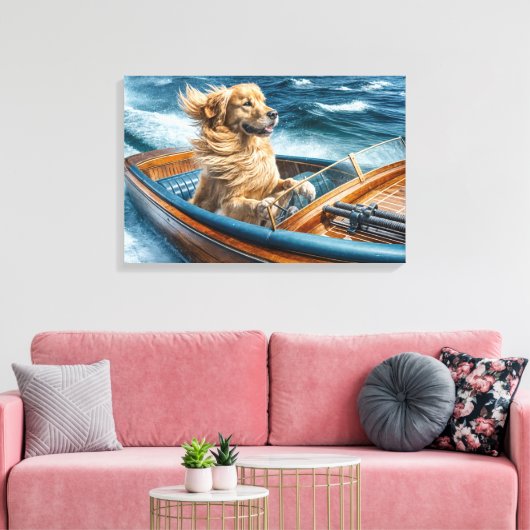 Golden Retriever in een  houten motorboot Canvas Afdruk (Insitu (Woonkamer))