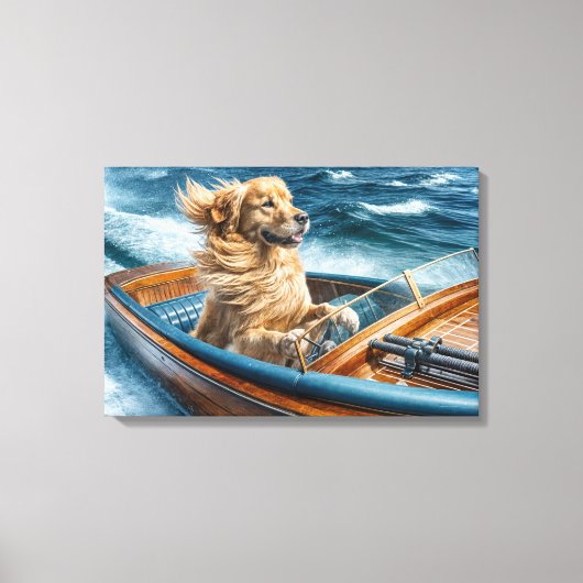 Golden Retriever in een  houten motorboot Canvas Afdruk (Voorkant)
