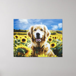 Golden Retriever in een Zonnebloemenveld Canvas Afdruk