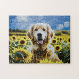 Golden Retriever in een Zonnebloemenveld Legpuzzel