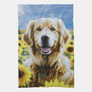 Golden Retriever in een Zonnebloemenveld Theedoek