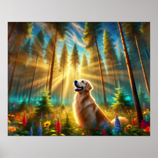 Golden Retriever in het betoverde bos Poster