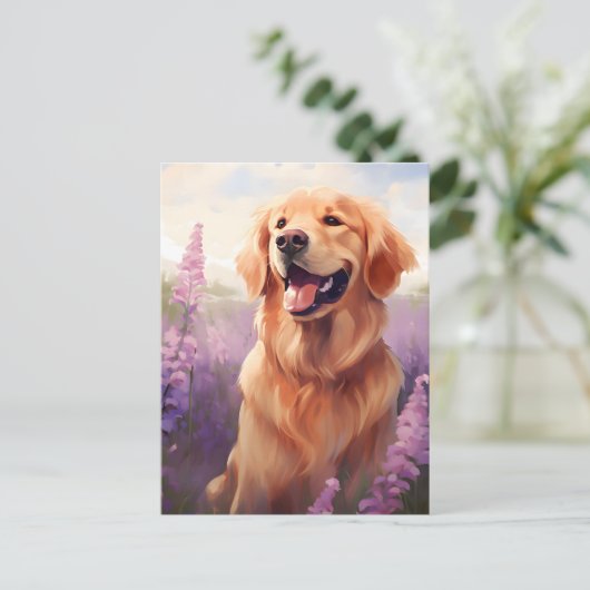 Golden Retriever in Lavendel veld Briefkaart (Staand voorkant)