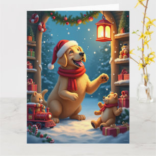 Golden Retriever in Santa's Werkplaats Kerstmis Kaart