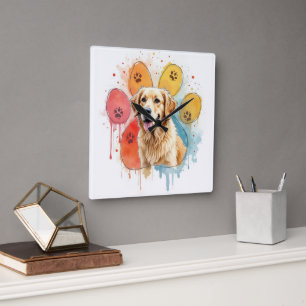 Golden Retriever in Waterverf Paw Print Vierkante Klok