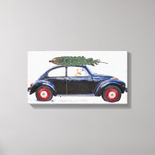 Golden Retriever in zwarte auto met kerstboom Canvas Afdruk (Voorkant)
