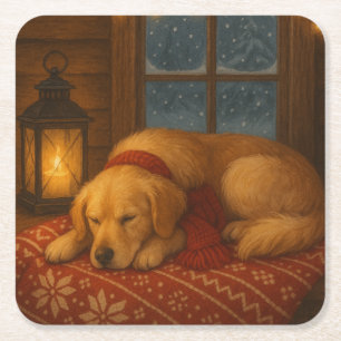 Golden Retriever kerstkaart Vierkante Kartonnen Onderzetter