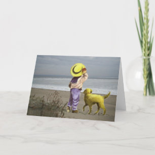 Golden Retriever Little Boy op het strand Wenskaar Kaart