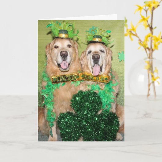 Golden Retriever Lucky Dog St. Patrick's Day Kaart (Gele Bloem)