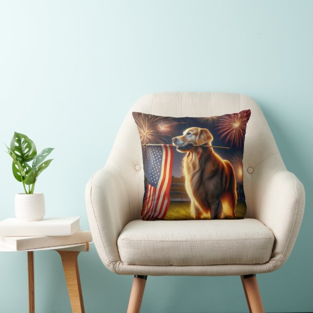 Golden Retriever met Amerikaanse vlag Kussen (Stoel)