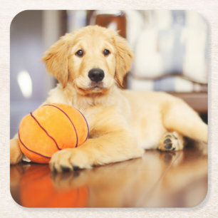 Golden Retriever met Basketball Speelgoed Vierkante Kartonnen Onderzetter